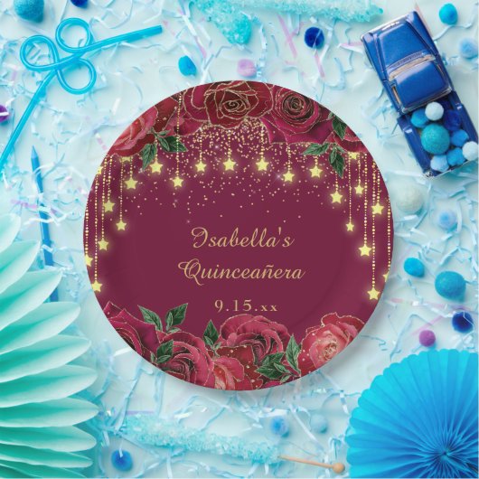 Red Rose Gold Star String Lichtsterren Quinceañera Papieren Bordje (Feest)
