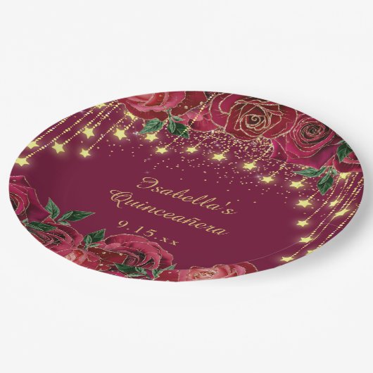 Red Rose Gold Star String Lichtsterren Quinceañera Papieren Bordje (Gekanteld)