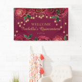 Red Rose Gold Stars Quinceañera Welkom Spandoek (Insitu)