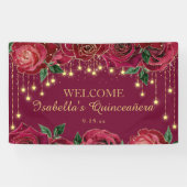 Red Rose Gold Stars Quinceañera Welkom Spandoek (Horizontaal)