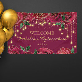 Red Rose Gold Stars Quinceañera Welkom Spandoek