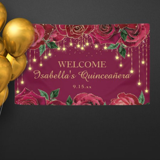 Red Rose Gold Stars Quinceañera Welkom Spandoek