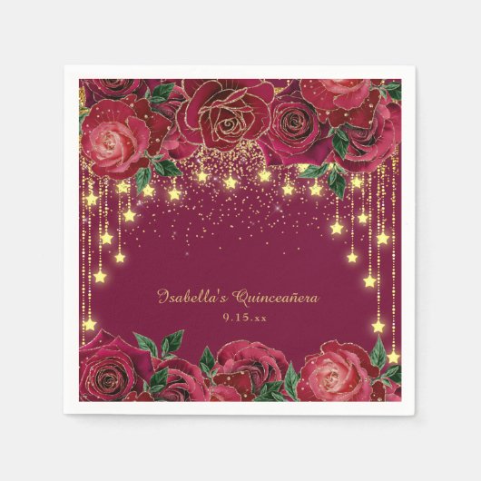 Red Rose Gold String Lichtsterren Quinceañera Servet (Voorkant)
