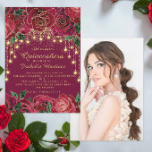 Red Rose Gold String Light Quinceañera Kaart