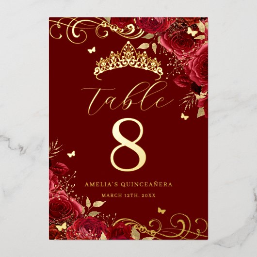 Red Rose Gold Swirl Quinceanera Tafelnummer (Voorkant)