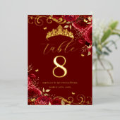 Red Rose Gold Swirl Quinceanera Tafelnummer (Staand Voorkant)