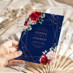 Red Rose & Gold Waterverf Floral Save the Date Kaart