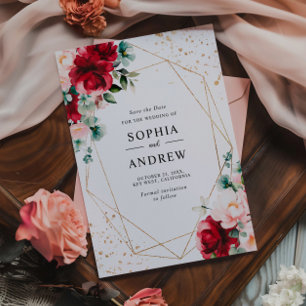 Red Rose & Gold Waterverf Floral Save the Date Kaart