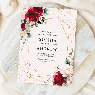 Red Rose & Gold Waterverf Floral Save the Date Kaart