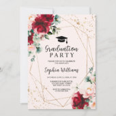 Red Rose & Gold Waterverf Graduation Party Kaart (Voorkant)