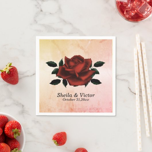 Red Rose Gothic Names Date Peach Wedding Napkins Servet (Insitu)