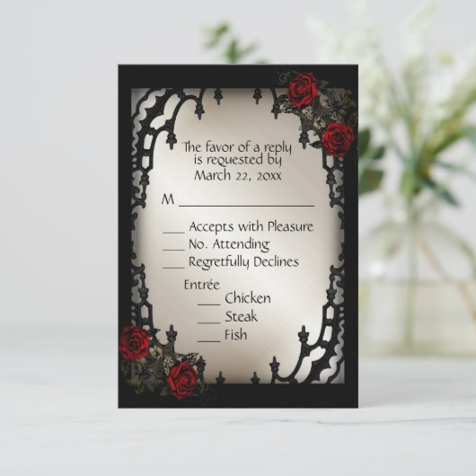 Red Rose Gothic RSVP Antiek Gold Menu Keuze (Staand voorkant)