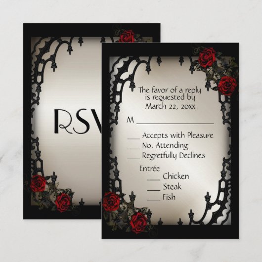 Red Rose Gothic RSVP Antiek Gold Menu Keuze (Voorkant / Achterkant)