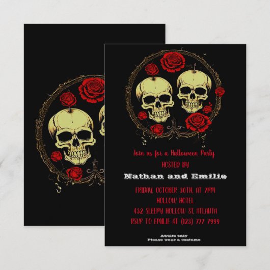 Red Rose Gothic schedel Halloween Party Uitnodigin Kaart (Voorkant / Achterkant)