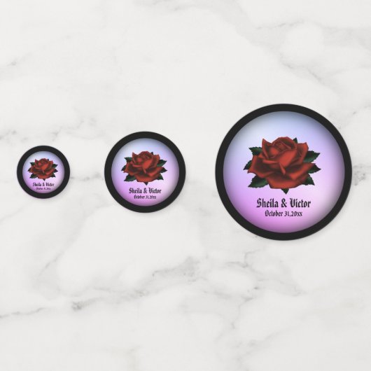 Red Rose Gothic Wedding Names and Date Paars Confetti (Achterkanten)