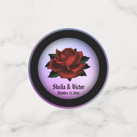 Red Rose Gothic Wedding Names and Date Paars Confetti (Kleine voorkant)