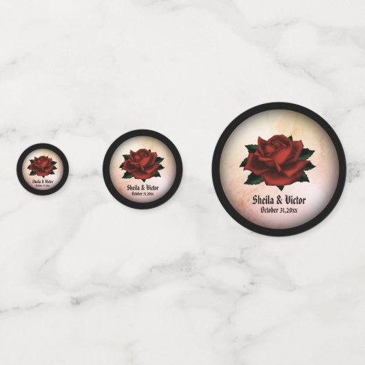 Red Rose Gothic Wedding Names and Date Peach Confetti (Achterkanten)