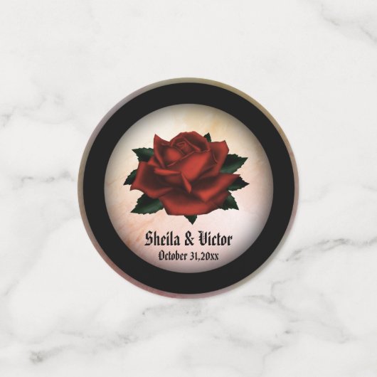 Red Rose Gothic Wedding Names and Date Peach Confetti (Kleine voorkant)