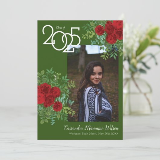 Red Rose Green Foto Afstuderen Aankondiging (Staand voorkant)