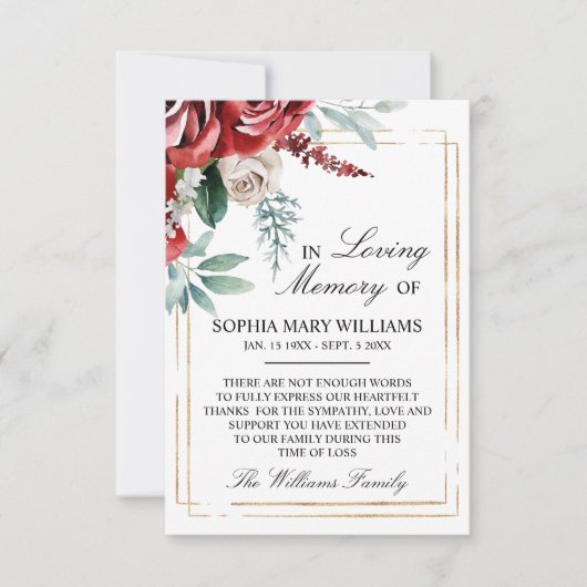 Red Rose & Green Leaves Sympathie Memory Bedankkaart (Voorkant)