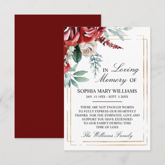 Red Rose & Green Leaves Sympathie Memory Bedankkaart (Voorkant / Achterkant)