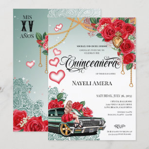 Red Rose Green Lowrider Mexicana Chola Quinceañera Kaart