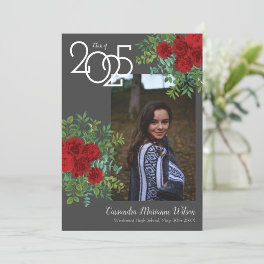 Red Rose Grey Foto Afstuderen Aankondiging (Staand voorkant)