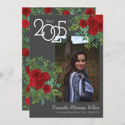 Red Rose Grey Foto Afstuderen Aankondiging (Voorkant / Achterkant)