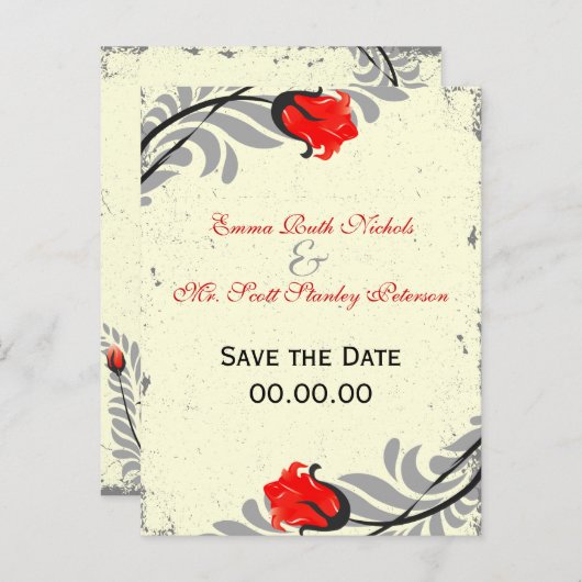  Red Rose Grunge Save the Date Briefkaart (Voorkant / Achterkant)