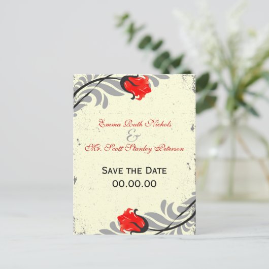 Red Rose Grunge Save the Date Briefkaart (Staand voorkant)