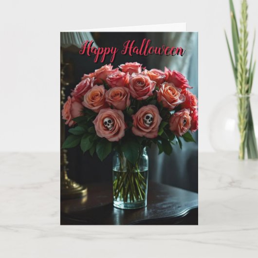 Red Rose Halloween Schedel Bloemen Kaart (Voorkant)