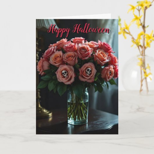 Red Rose Halloween Schedel Bloemen Kaart (Gele Bloem)