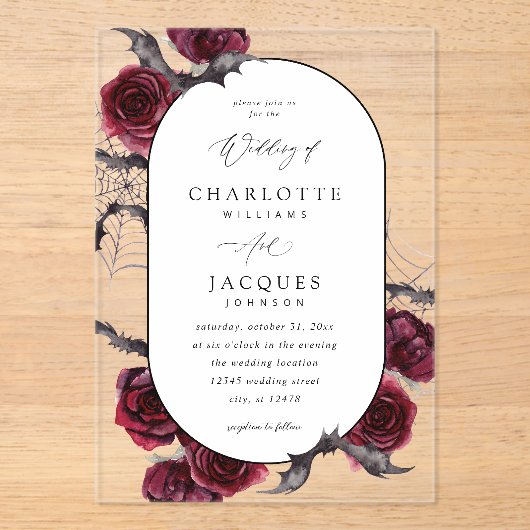 Red Rose Halloween vleermuizen bruiloft Acryl Uitnodigingen (Voorkant)