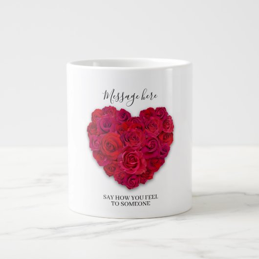 Red Rose Heart Romantic Floral Custom Text Grote Koffiekop (Voorkant)
