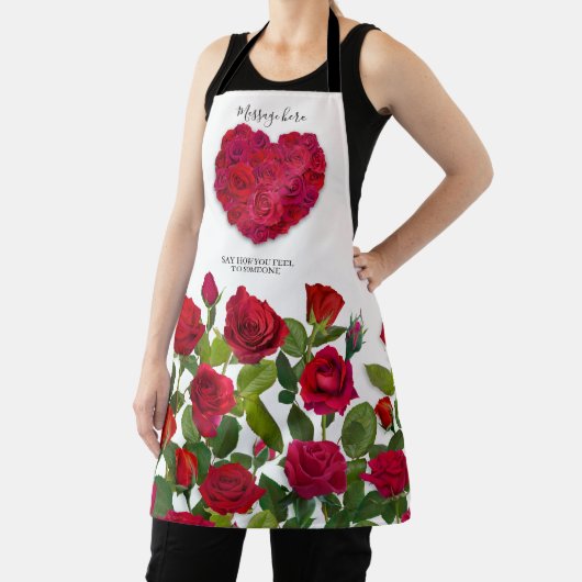 Red Rose Heart Romantic Floral Custom Text Schort (Insitu)