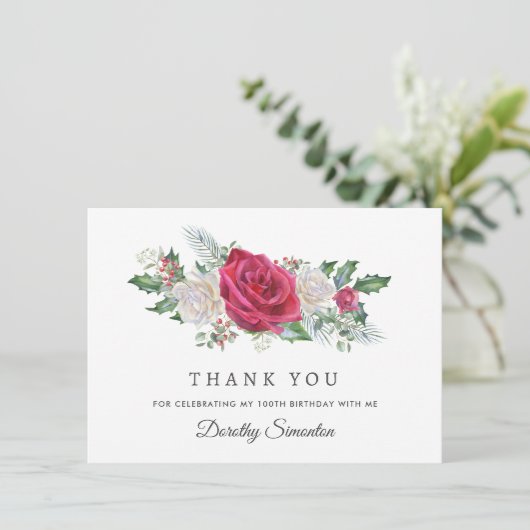 Red Rose Holly Winter 100e verjaardag Flat Bedankkaart (Staand voorkant)