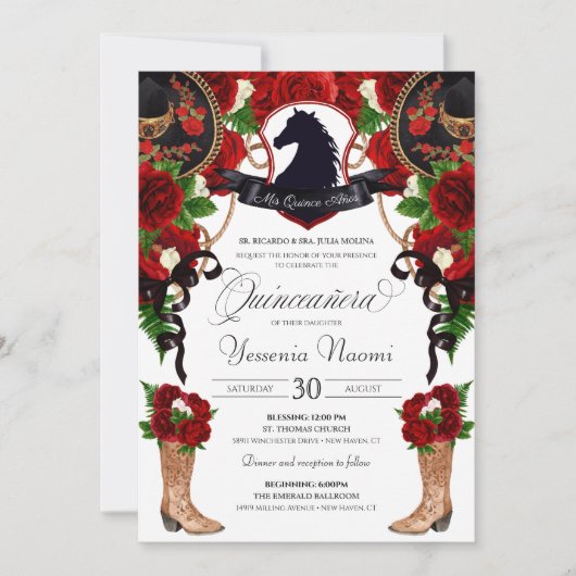 Red Rose Horse Crest Charro Westerne Elegant Quinc Kaart (Voorkant)