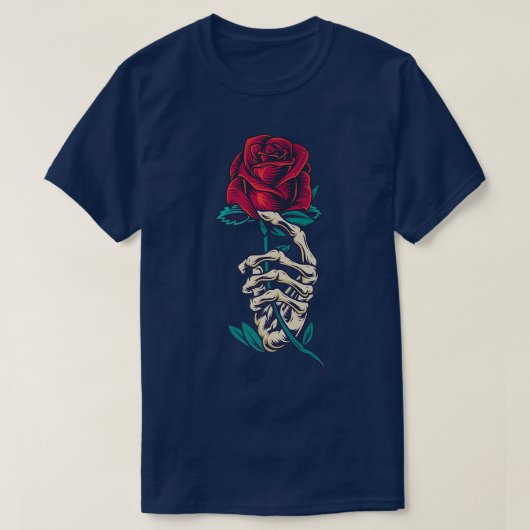 Red Rose in a Skeleton Hand a Roos Tattoo T-shirt (Design voorkant)