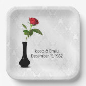 Red Rose in vaas op White Damask Papieren Bordje (Voorkant)