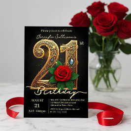 Red Rose Jewel Accents Filigree Gold 21st Birthday Kaart