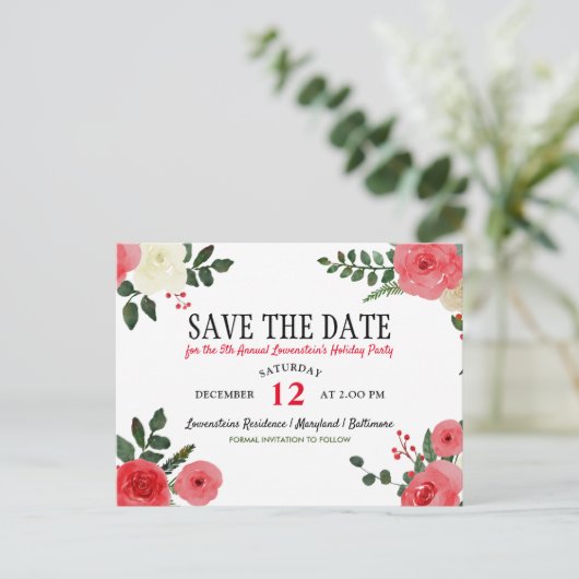 Red Rose kerstfeestdag redt datum Aankondigingskaart (Staand voorkant)