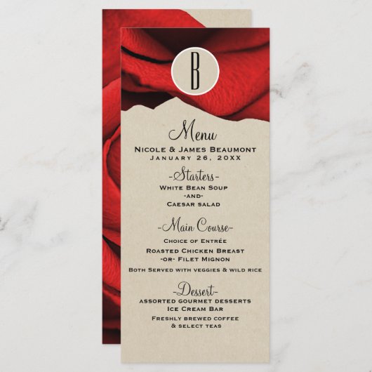 Red Rose Kraft Rustic Glam Elegant Wedding Menu (Voorkant / Achterkant)