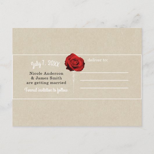 Red Rose Kraft Rustic Wedding Save the Date Aankondigingskaart (Achterkant)