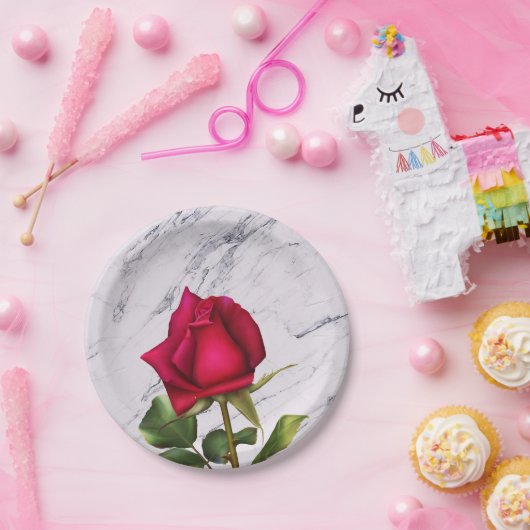 Red Rose Marble Modern Glam Vrijgezellenfeest Part Papieren Bordje (Feest)