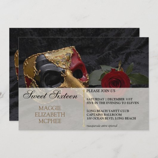 Red Rose Masquerade Uitnodiging voor verjaardag (Voorkant / Achterkant)