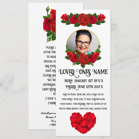 Red Rose Memorial/Funeral Flat Kaart (Voorkant / Achterkant)