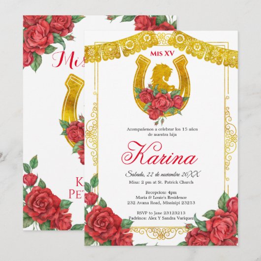 Red Rose Mexican Charra 15 Quinceanera Kaart (Voorkant / Achterkant)