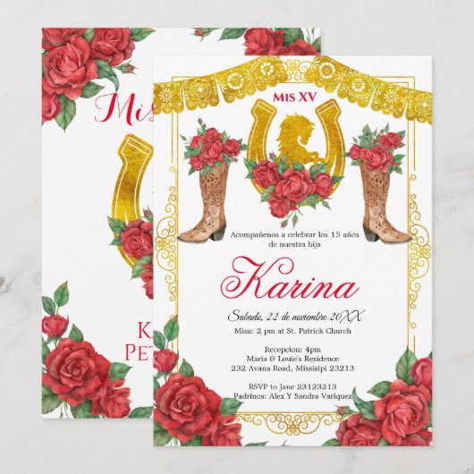 Red Rose Mexican Charra 15 Quinceanera Kaart (Voorkant / Achterkant)