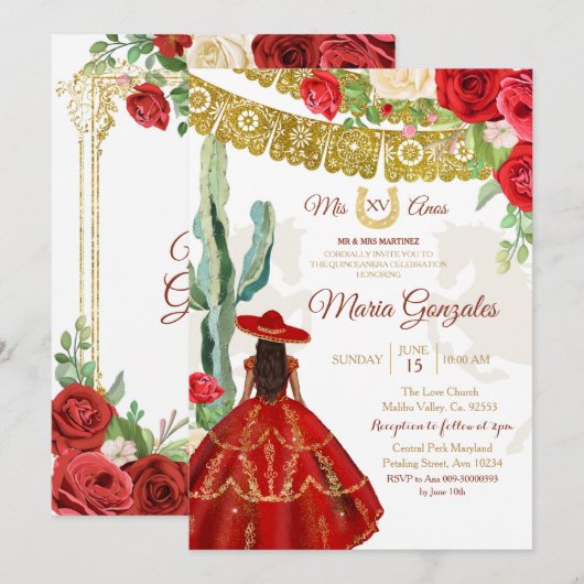 Red Rose Mexican Princess Quinceañera Uitnodiging (Voorkant / Achterkant)
