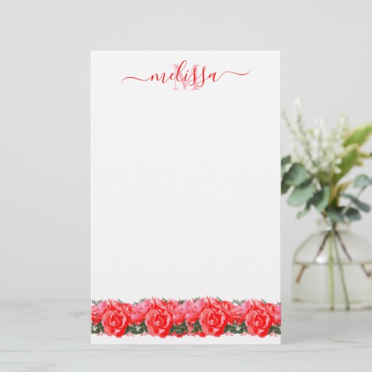 Red Rose Monogram Elegant Stationery Paper Briefpapier (Staand voorkant)